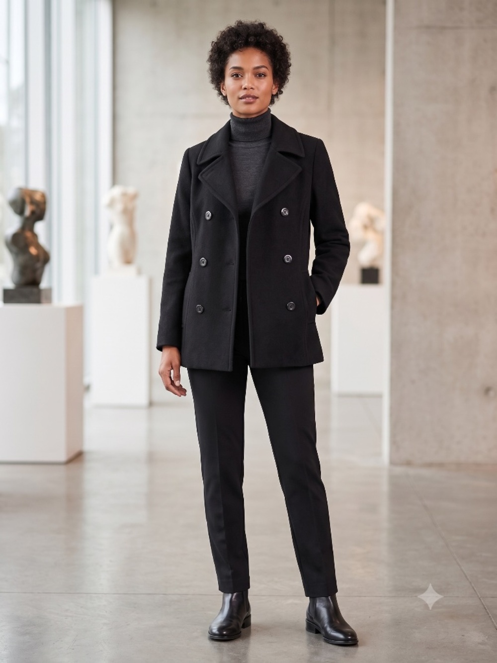 Uniqlo Black Wool Blend Double Breasted Pea Coat Jacket Size L (US M/L)